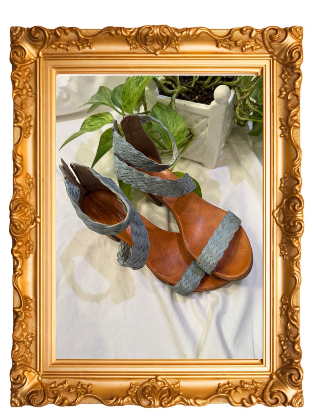 Sundance Woven Size 39 Ankle-Strap Leather Sandals — Blue Braided Straps